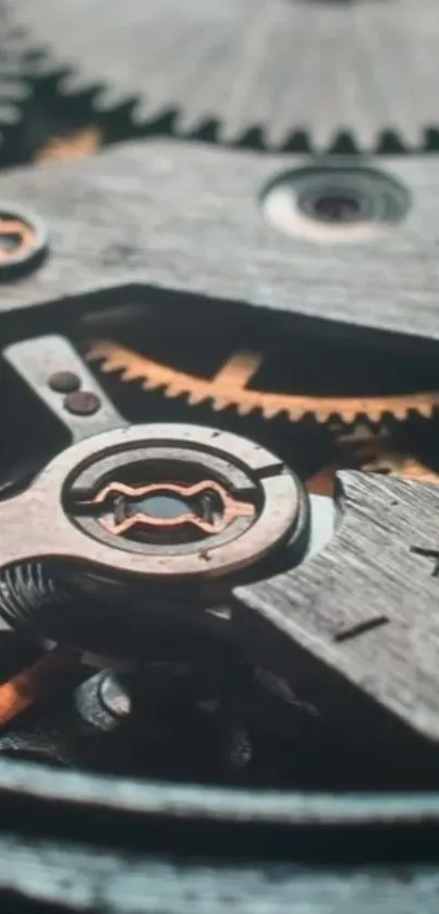 Close-up of intricate gears in a steampunk style mechanism.