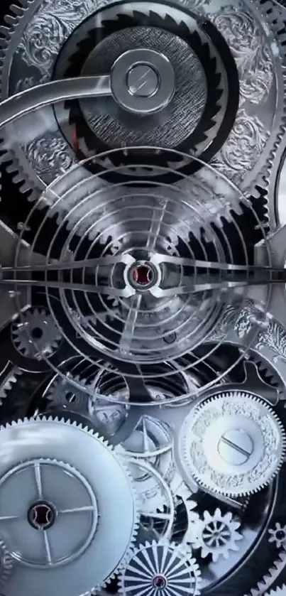 Intricate metallic gear mechanism wallpaper for mobile devices.