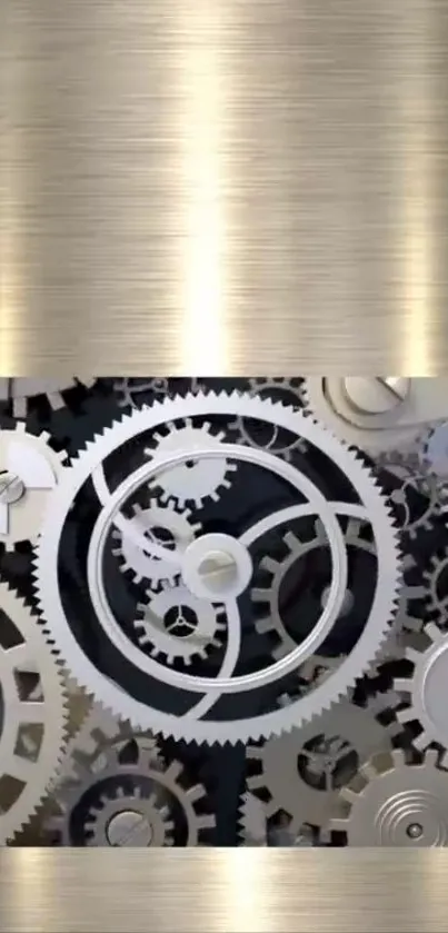 Intricate silver gears in an industrial design wallpaper.
