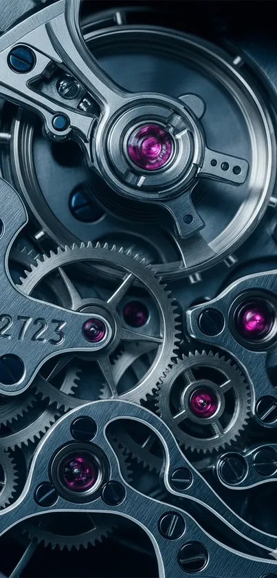 Intricate close-up of metal gears with vibrant accents.