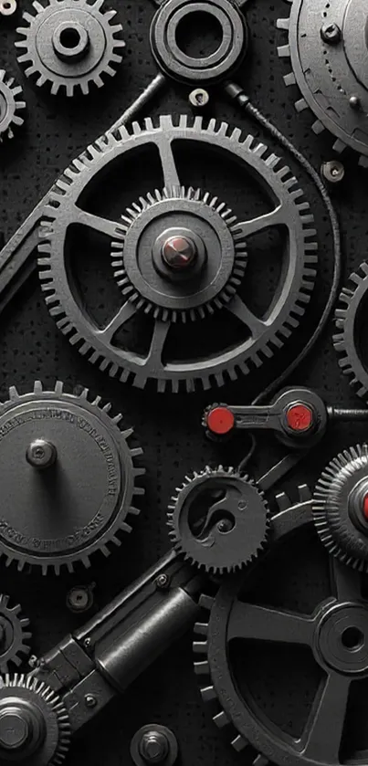 Intricate gear mechanism on a dark background.