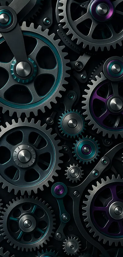 Intricate mechanical gears pattern wallpaper in dark tones.