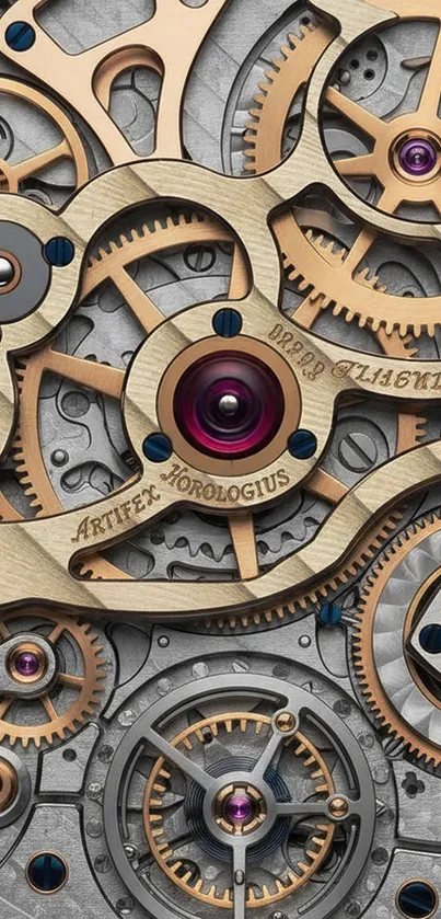 Close-up of intricate clockwork gears in a mechanical design.
