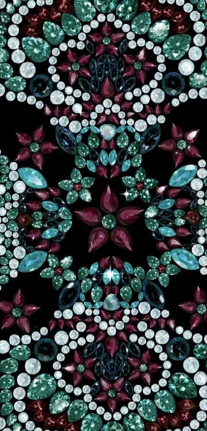 Intricate mobile wallpaper with gemstone patterns in red, green, and white on black.