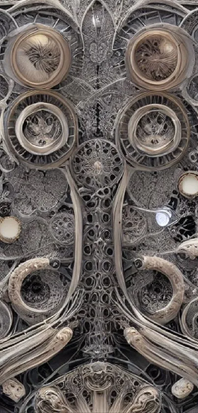 Intricate geometric art wallpaper with circular patterns and earth tones.