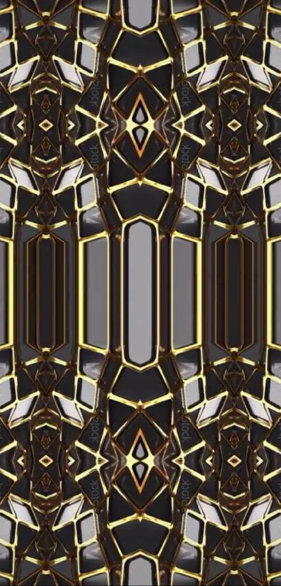 Intricate symmetrical geometric pattern wallpaper with black, gold, and gray tones.