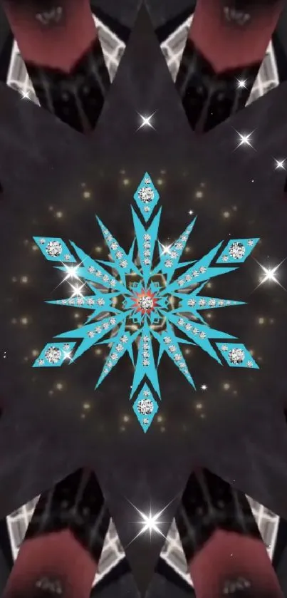 Geometric kaleidoscope with blue starburst design on black background.