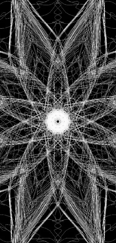 Intricate white geometric mandala on black background.