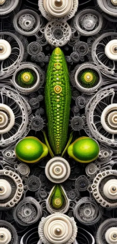 Intricate green and gray geometric wallpaper pattern for mobile device.