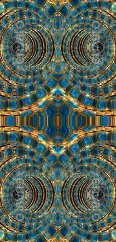 Intricate geometric pattern with turquoise and gold hues, perfect for mobile wallpaper.