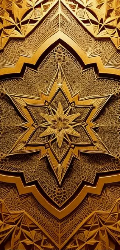 Intricate geometric star design in golden tones for phone wallpaper.