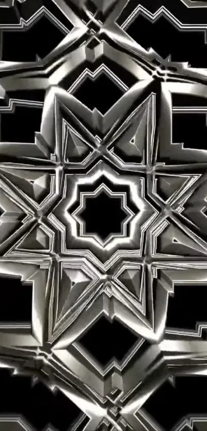 Intricate black and silver geometric star wallpaper.