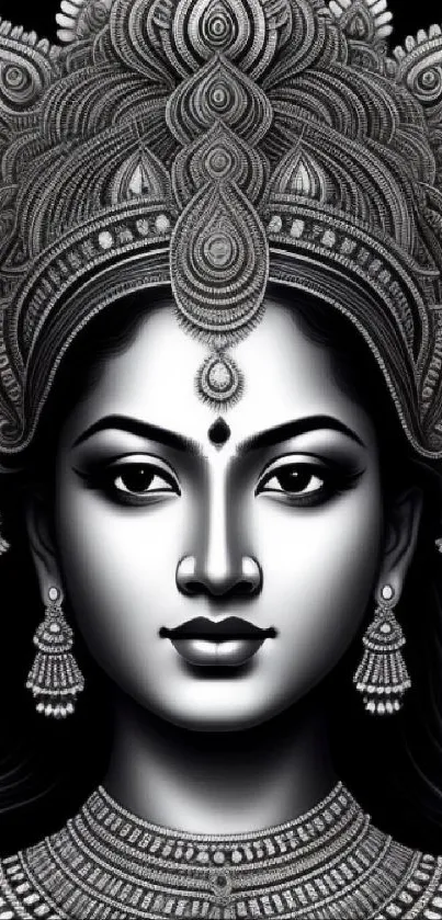 Black and white intricate goddess art wallpaper with detailed patterns.