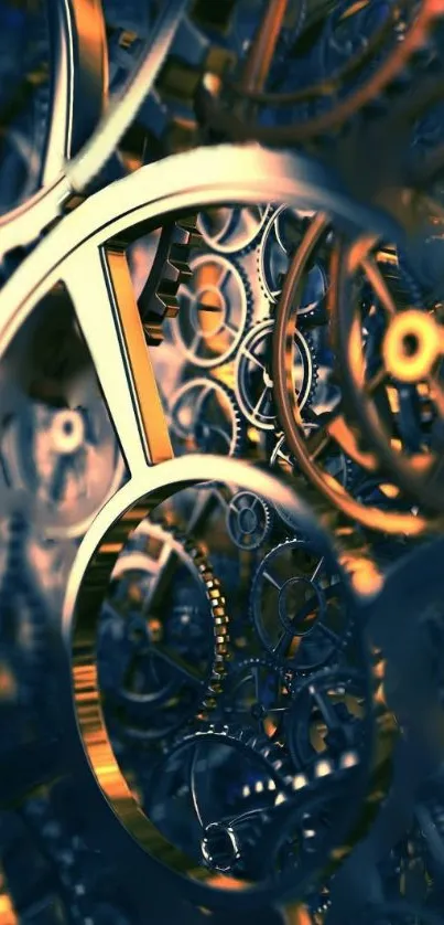 Intricate gold clockwork gears on moody backdrop.