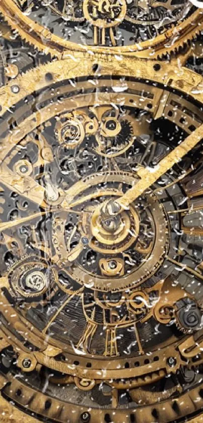 Intricate gold clockwork design with gears and cogs for a steampunk wallpaper.