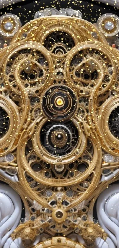 Intricate gold fractal design wallpaper with gears and patterns.