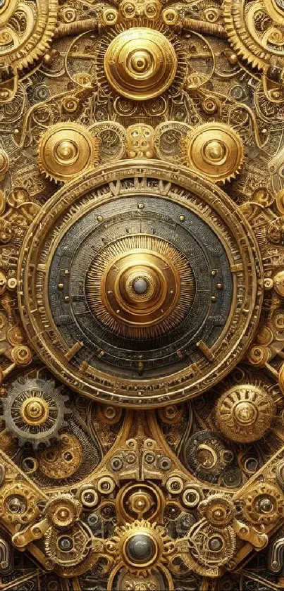 Intricate gold steampunk gear design wallpaper, detailed and elegant.