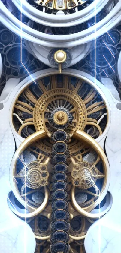 Intricate gold and white gear-themed wallpaper with mechanical design.