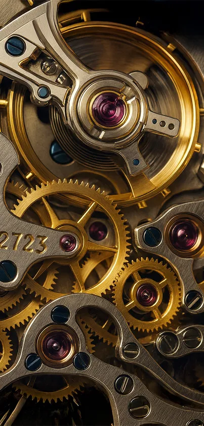 Close-up of intricate gold gears in a watch mechanism.