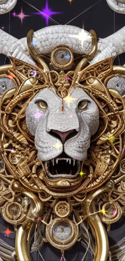 Intricate design of a lion's head in gold and silver metallic art.