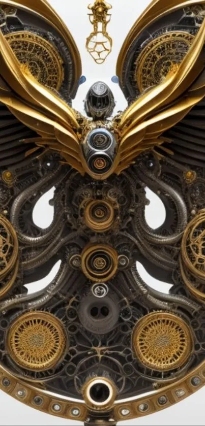 Intricate gold mechanical design with gears and wings on a dark background.