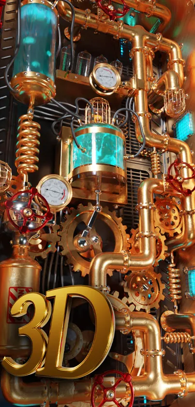 Intricate steampunk design with gold gears and copper pipes.