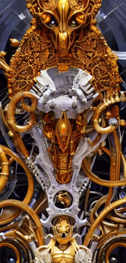 Intricate golden mechanical art design with ornate patterns.