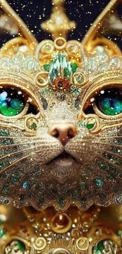 Intricate golden cat with jewels and green eyes on a dark background.