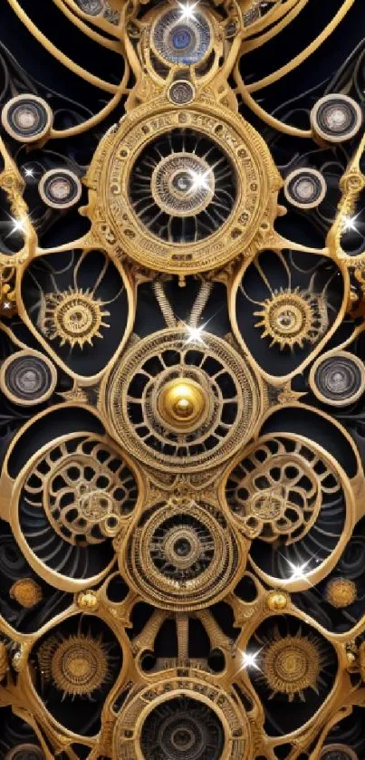 Intricate golden gears mobile wallpaper design.