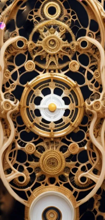Intricate steampunk gear pattern in gold on dark background mobile wallpaper.