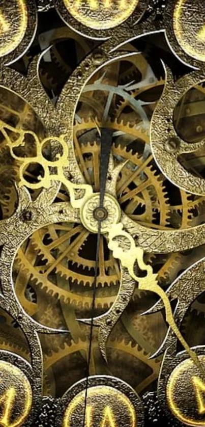 Intricate golden gears and clockwork wallpaper design.