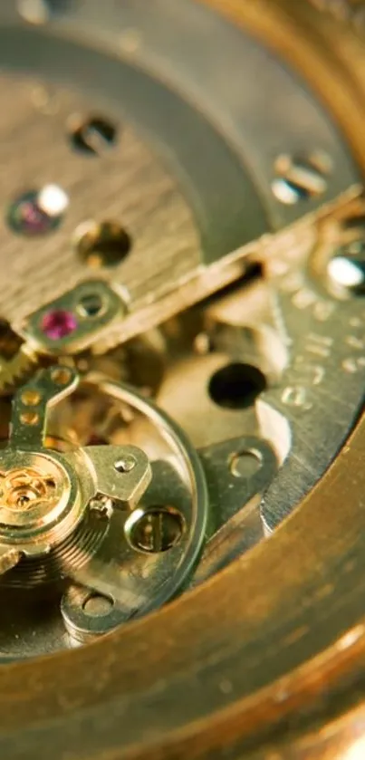 Close-up view of a golden watch mechanism showcasing intricate gears and design.