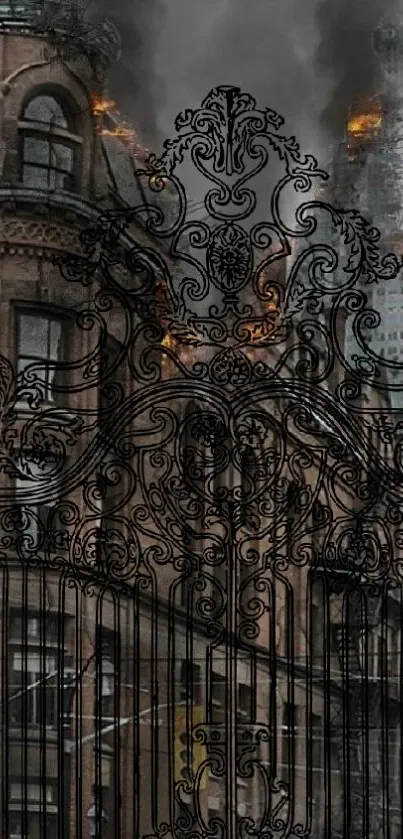 Detailed gothic building with ornate patterns and smoky background.