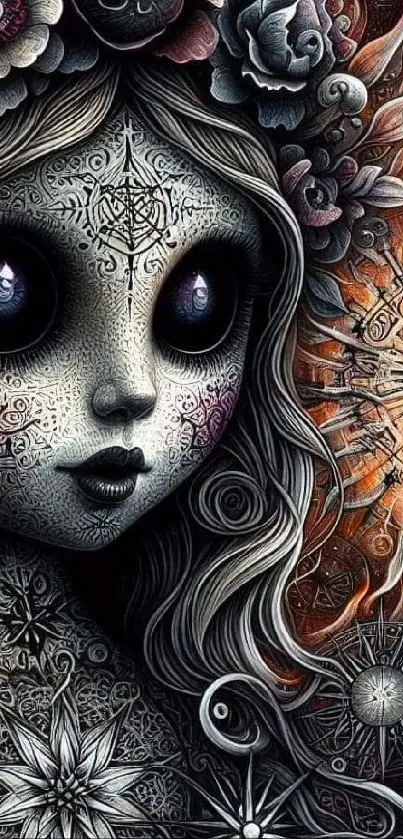 Gothic art wallpaper with a surreal character and intricate patterns.