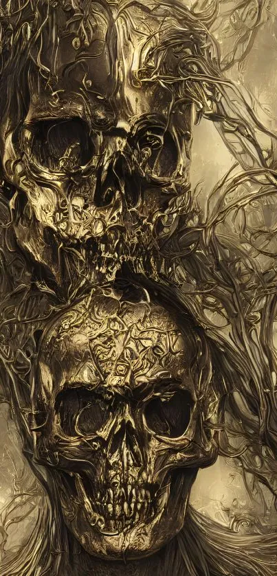 Gothic skulls intertwined with branches in intricate mobile wallpaper design.