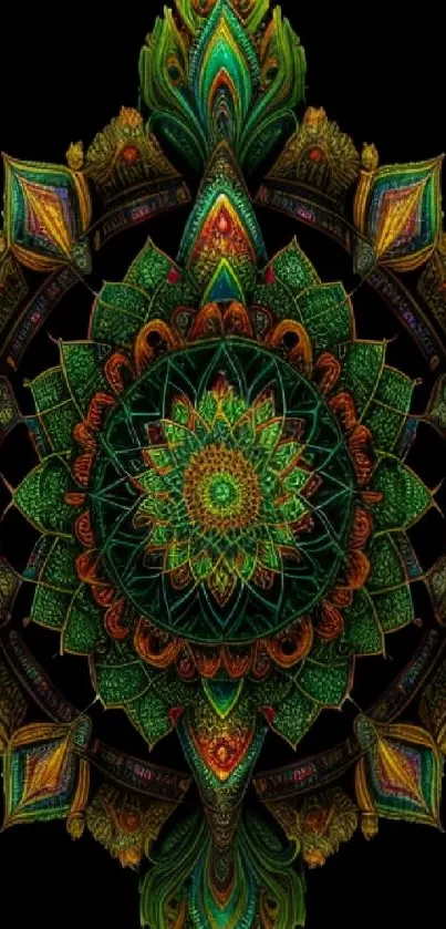 Intricate green kaleidoscope mandala on black background.