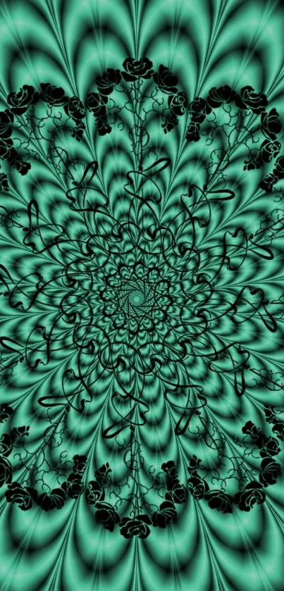 Intricate green mandala with black floral accents on a teal background.