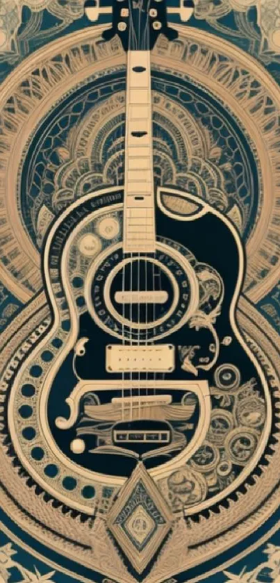 Intricate design of a guitar in a vintage art style with decorative patterns.