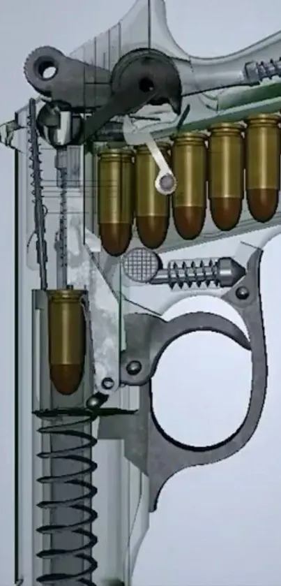 Detailed handgun mechanism blueprint with bullets and trigger visible.