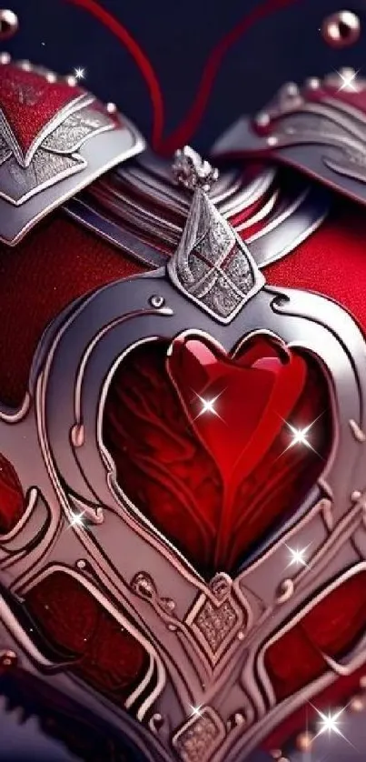 Heart with intricate armor design in red and silver hues.