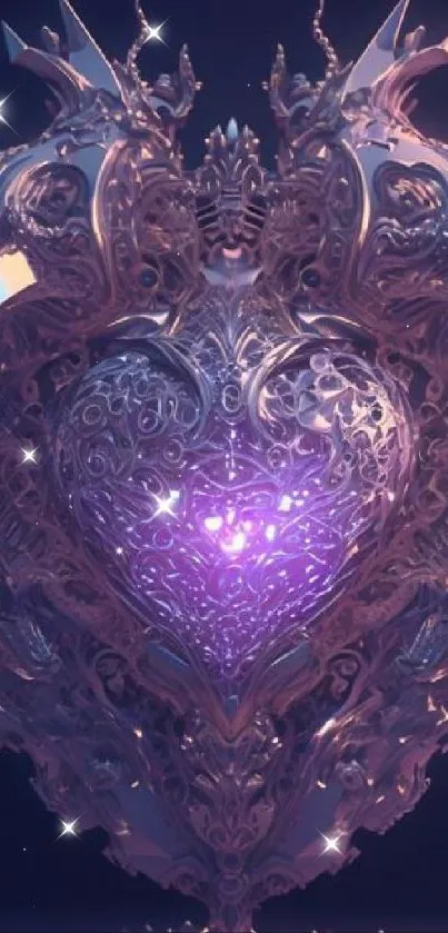 Intricate metallic heart with glowing purple center on dark background.