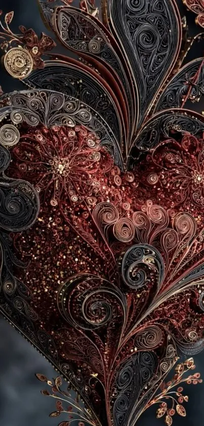 Intricate heart design with floral patterns on dark background.