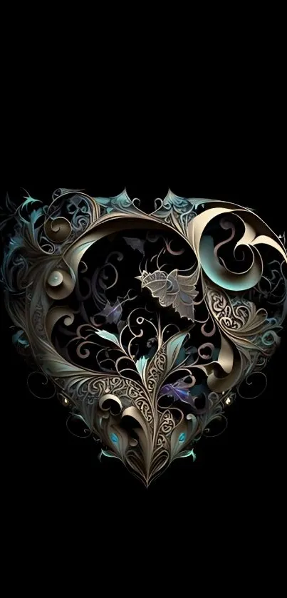 Intricate heart design on black background, artistic mobile wallpaper.