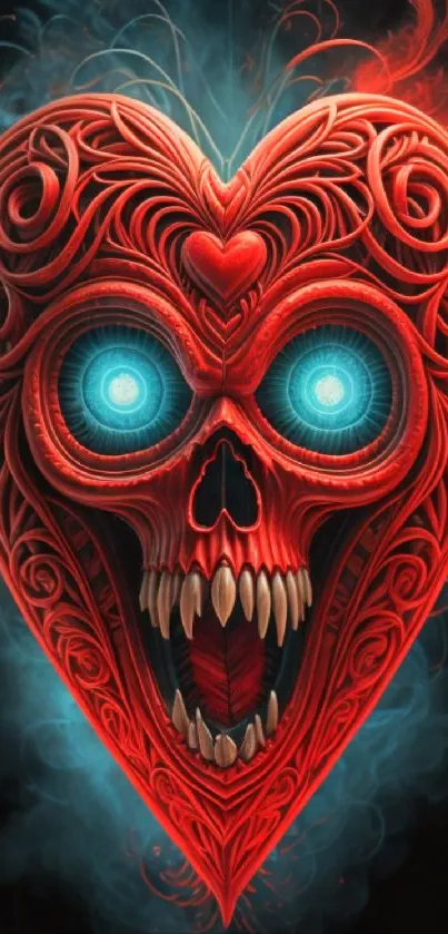 Intricate red heart skull design with glowing blue eyes on mobile wallpaper.