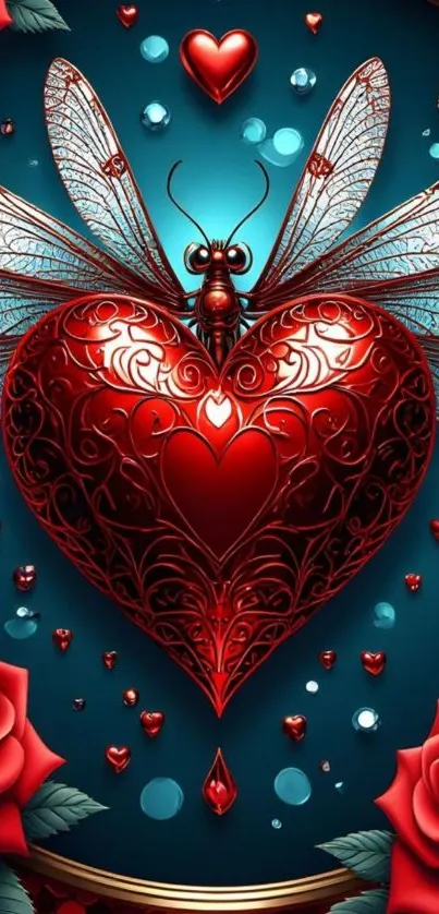 Intricate red heart with wings and roses on teal background.