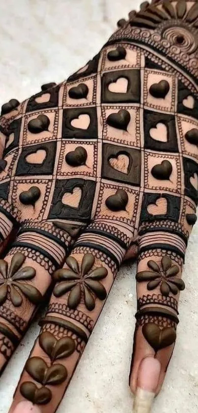 Intricate henna design on hand wallpaper with heart and flower patterns.