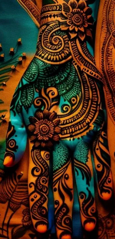 Mobile wallpaper with vibrant henna design in teal and orange hues.