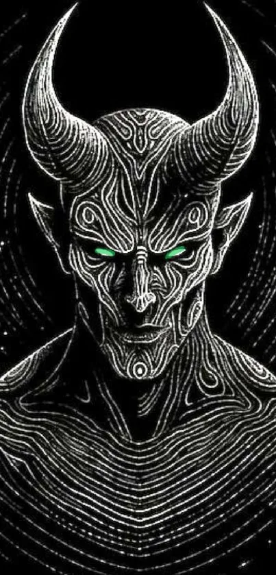 Intricate horned creature with glowing eyes on a dark background.