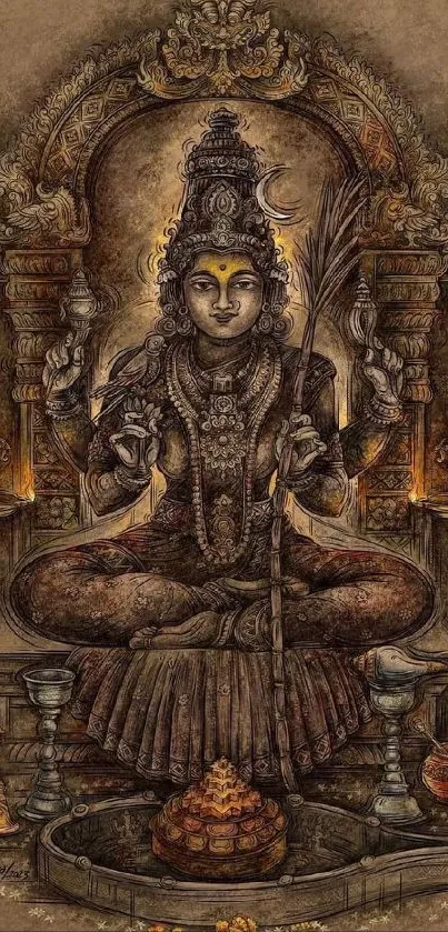 Intricate artwork of an Indian deity in earthy tones, showcasing spiritual and artistic flair.