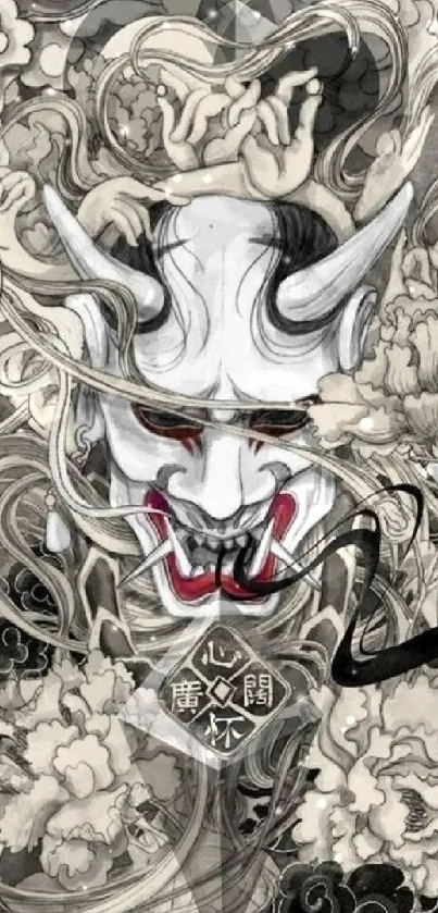 Intricate monochrome Japanese mask art with detailed floral elements.